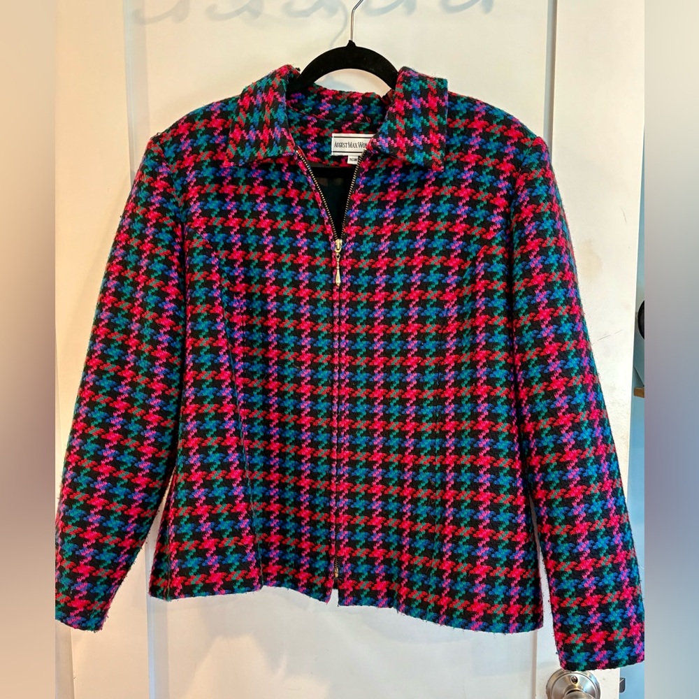 Vintage August Max Woman Houndstooth Tweed Jacket Size 16W Lined Zip Front 80s
